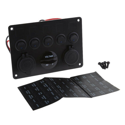 5 Gang Switch Panel With 12-24V Socket, Dual USB Ports and Voltage Meter