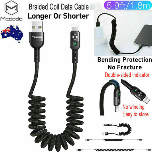 MCDODO Retractable Coiled Spiral Car Charging Sync Cable Cord For iPhone 13 12